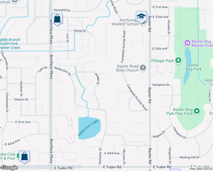 map of restaurants, bars, coffee shops, grocery stores, and more near 5939 East 38th Court in Anchorage