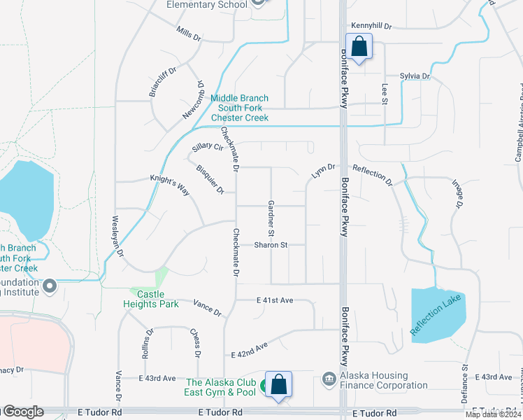 map of restaurants, bars, coffee shops, grocery stores, and more near 3711 Checkmate Drive in Anchorage