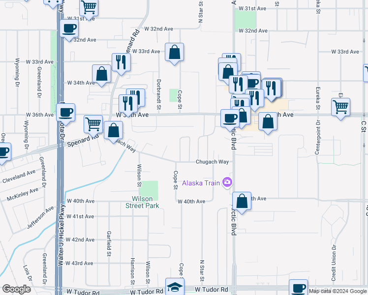 map of restaurants, bars, coffee shops, grocery stores, and more near 1003 Chugach Way in Anchorage