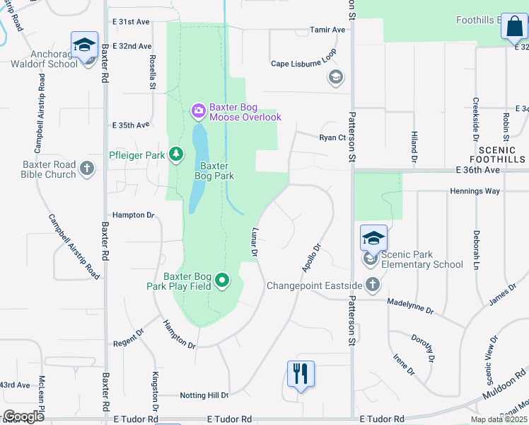map of restaurants, bars, coffee shops, grocery stores, and more near 3823 Lunar Drive in Anchorage
