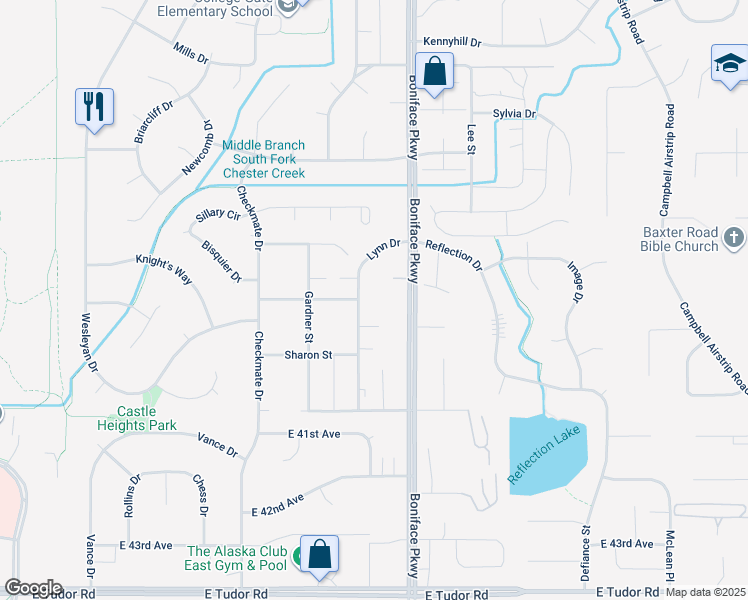 map of restaurants, bars, coffee shops, grocery stores, and more near 5401 East 38th Court in Anchorage