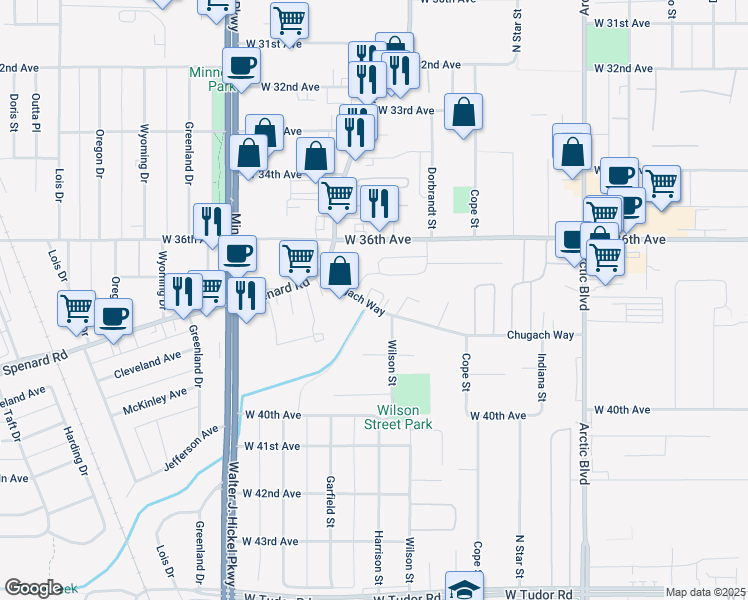 map of restaurants, bars, coffee shops, grocery stores, and more near 1207 Chugach Way in Anchorage
