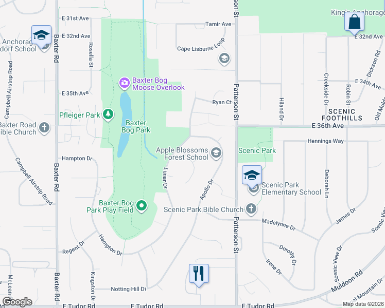map of restaurants, bars, coffee shops, grocery stores, and more near 6950 Laser Drive in Anchorage