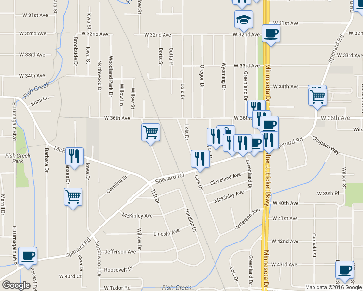 map of restaurants, bars, coffee shops, grocery stores, and more near 3840 Spenard Road in Anchorage