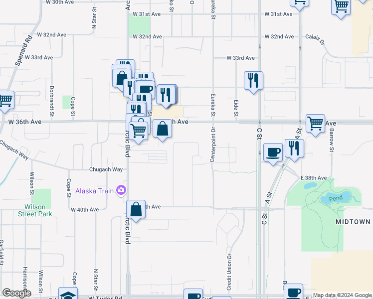 map of restaurants, bars, coffee shops, grocery stores, and more near 3700 Centerpoint Drive in Anchorage