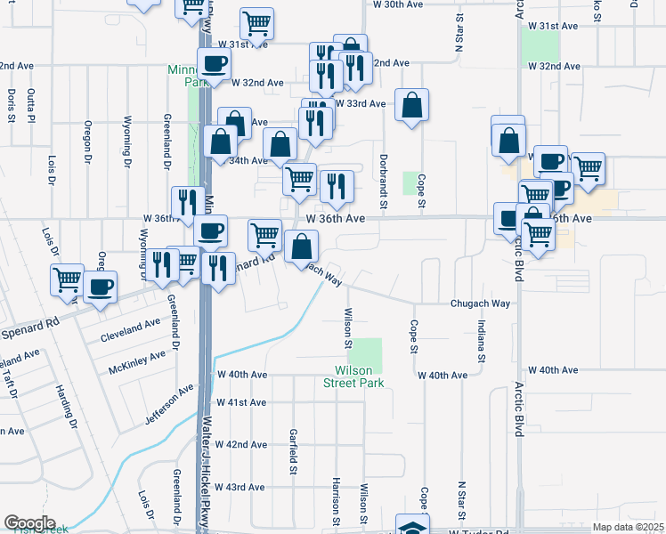 map of restaurants, bars, coffee shops, grocery stores, and more near 1285 Chugach Way in Anchorage
