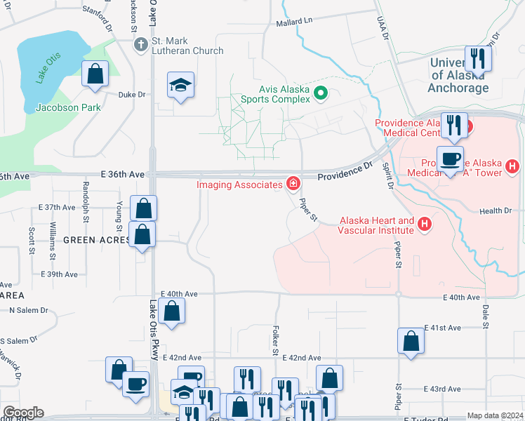map of restaurants, bars, coffee shops, grocery stores, and more near 2600 Providence Drive in Anchorage
