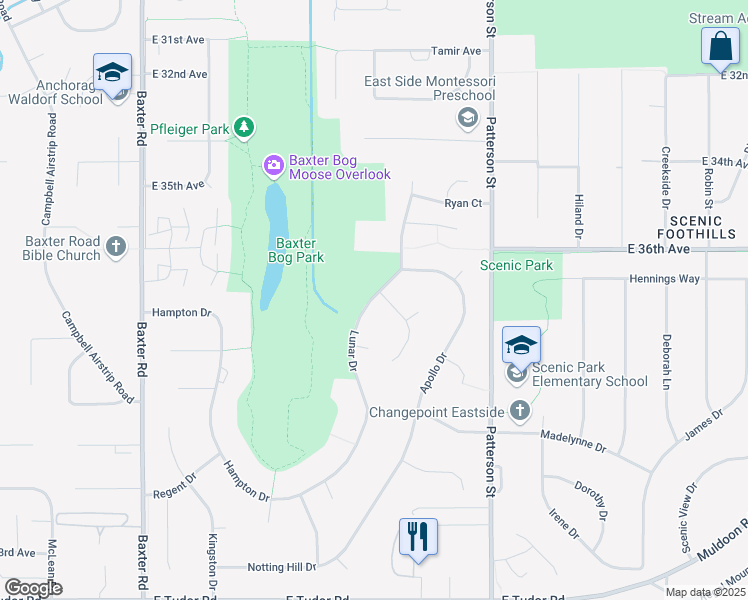 map of restaurants, bars, coffee shops, grocery stores, and more near 3823 Lunar Drive in Anchorage