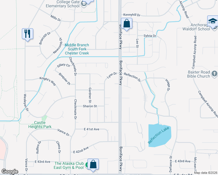 map of restaurants, bars, coffee shops, grocery stores, and more near 5401 East 38th Court in Anchorage