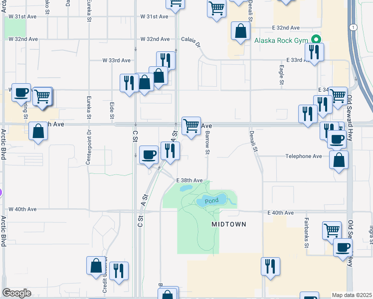 map of restaurants, bars, coffee shops, grocery stores, and more near in Anchorage