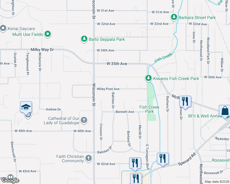 map of restaurants, bars, coffee shops, grocery stores, and more near 3811 Balchen Drive in Anchorage