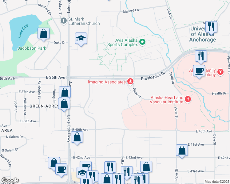 map of restaurants, bars, coffee shops, grocery stores, and more near 2600 Providence Drive in Anchorage