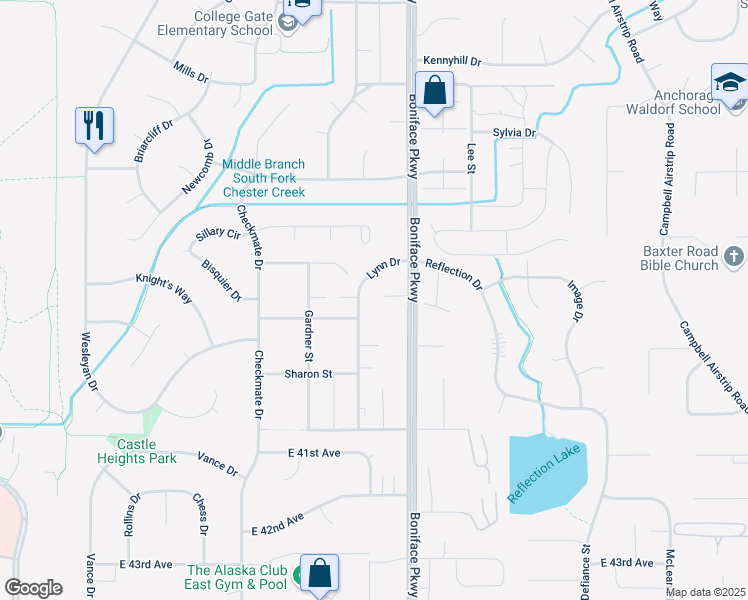 map of restaurants, bars, coffee shops, grocery stores, and more near 5401 East 38th Court in Anchorage