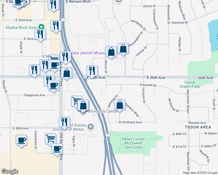 map of restaurants, bars, coffee shops, grocery stores, and more near 1217 Crescent Drive in Anchorage