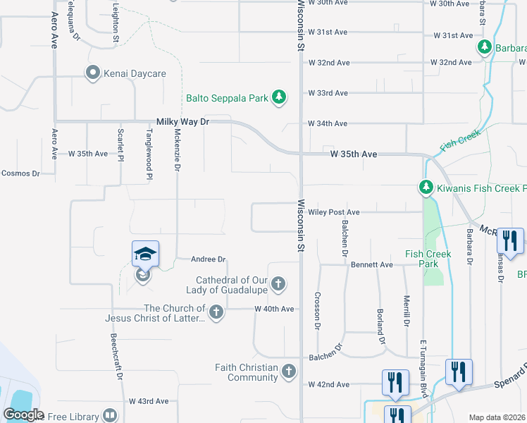 map of restaurants, bars, coffee shops, grocery stores, and more near 3225 Wiley Post Loop in Anchorage