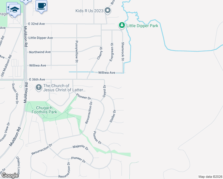 map of restaurants, bars, coffee shops, grocery stores, and more near 8621 Augusta Circle in Anchorage