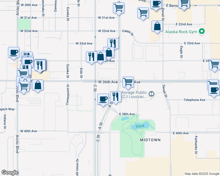 map of restaurants, bars, coffee shops, grocery stores, and more near 3601 C Street in Anchorage