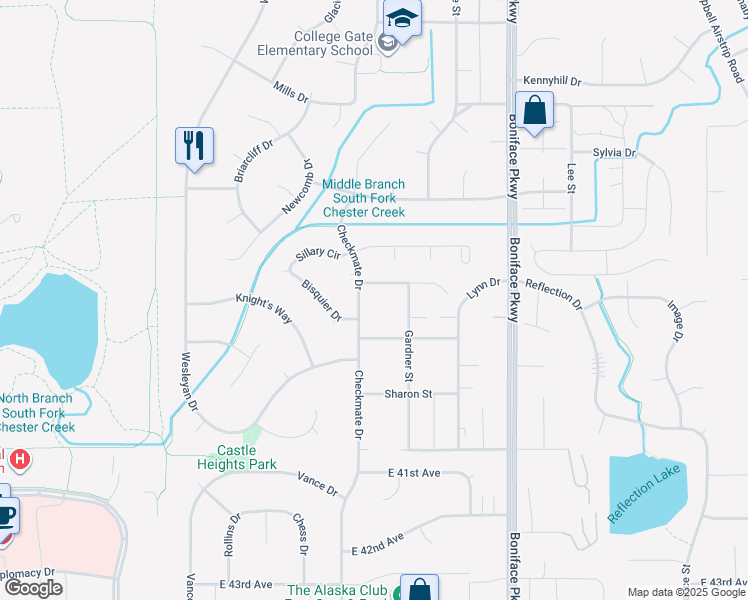 map of restaurants, bars, coffee shops, grocery stores, and more near 5200 Leslie Street in Anchorage