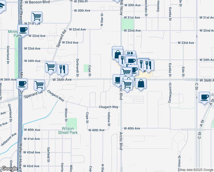 map of restaurants, bars, coffee shops, grocery stores, and more near 909 Chugach Way in Anchorage