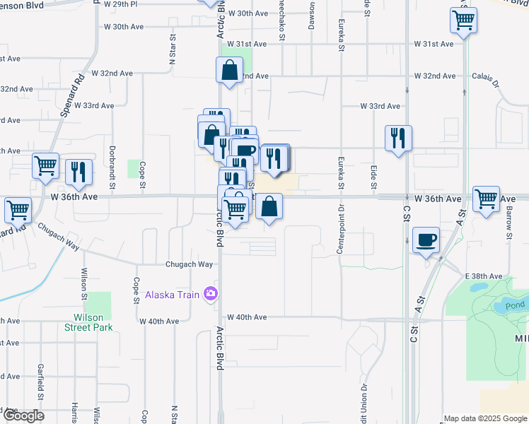 map of restaurants, bars, coffee shops, grocery stores, and more near 3700 Centerpoint Drive in Anchorage