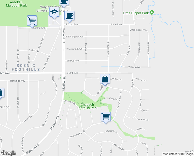 map of restaurants, bars, coffee shops, grocery stores, and more near 3947-4099 Sycamore Loop in Anchorage