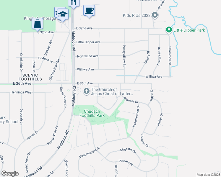 map of restaurants, bars, coffee shops, grocery stores, and more near 4036 Sycamore Loop in Anchorage