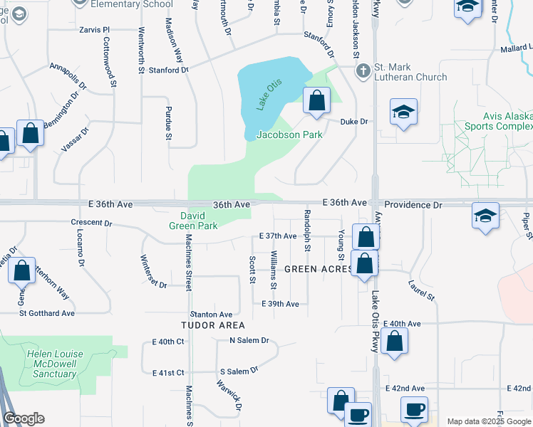 map of restaurants, bars, coffee shops, grocery stores, and more near 3282 Williams Street in Anchorage