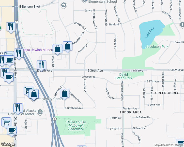 map of restaurants, bars, coffee shops, grocery stores, and more near 1427 East 36th Avenue in Anchorage