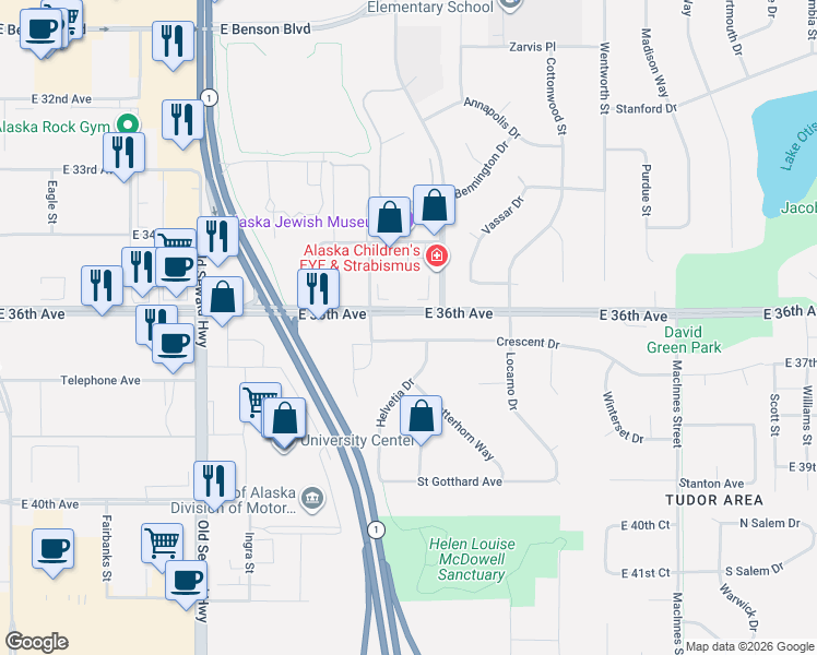 map of restaurants, bars, coffee shops, grocery stores, and more near 1217 Crescent Drive in Anchorage