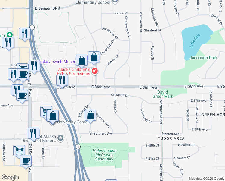 map of restaurants, bars, coffee shops, grocery stores, and more near 3608 Locarno Drive in Anchorage
