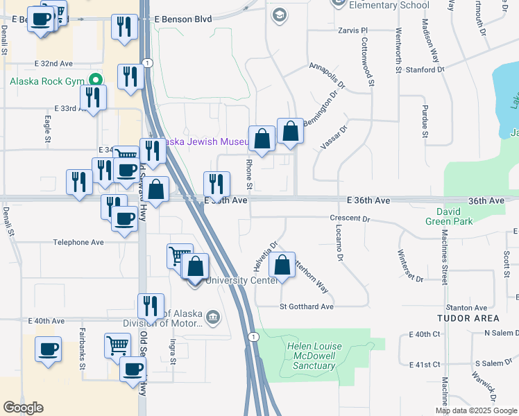 map of restaurants, bars, coffee shops, grocery stores, and more near 1217 Crescent Drive in Anchorage