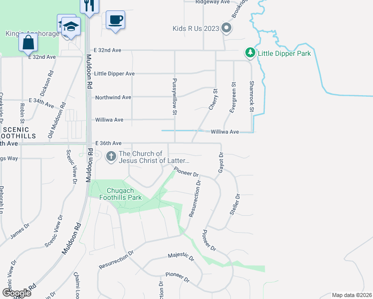 map of restaurants, bars, coffee shops, grocery stores, and more near 8303 East 36th Avenue in Anchorage