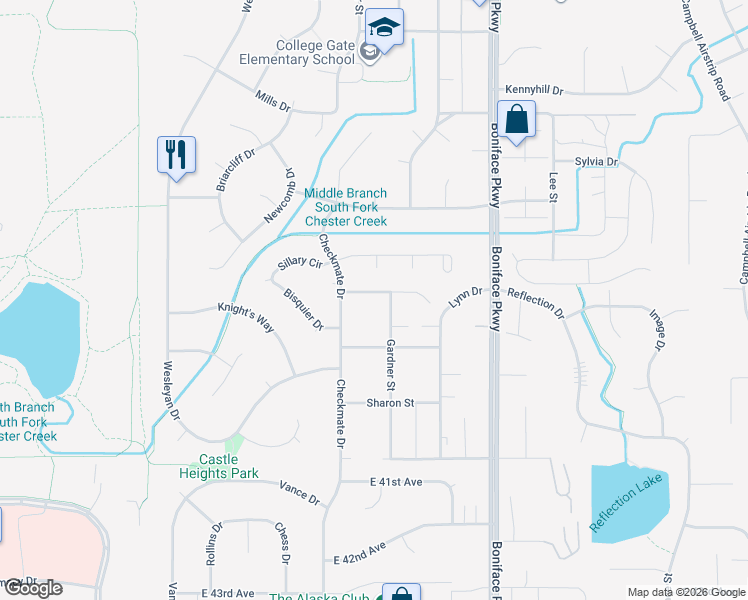 map of restaurants, bars, coffee shops, grocery stores, and more near 5200 Leslie Street in Anchorage