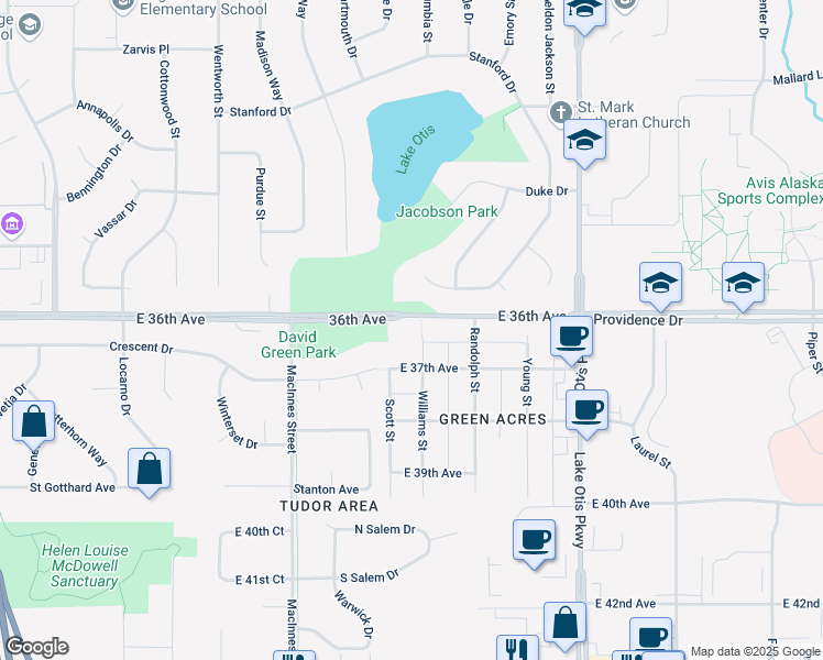 map of restaurants, bars, coffee shops, grocery stores, and more near 3282 Williams Street in Anchorage