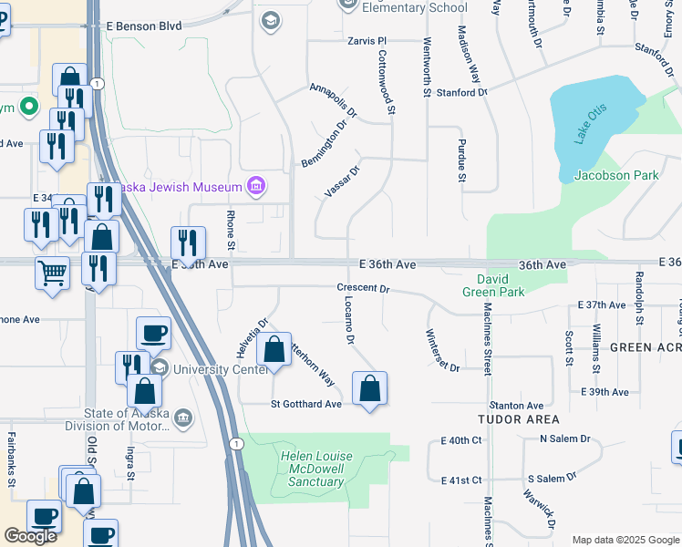 map of restaurants, bars, coffee shops, grocery stores, and more near 3608 Locarno Drive in Anchorage