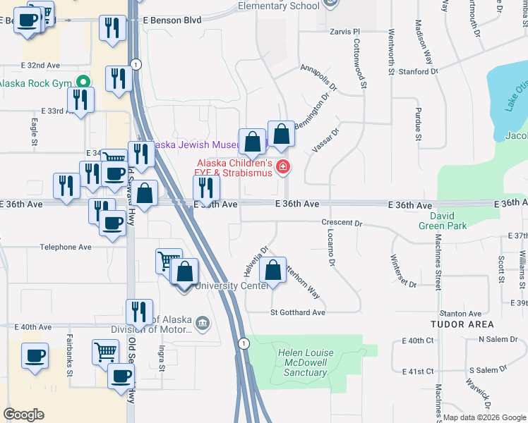 map of restaurants, bars, coffee shops, grocery stores, and more near 1217 Crescent Drive in Anchorage