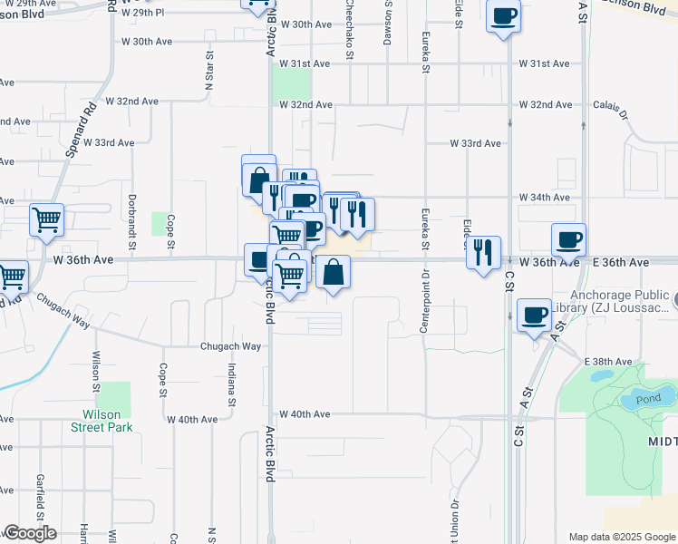 map of restaurants, bars, coffee shops, grocery stores, and more near 640 West 36th Avenue in Anchorage