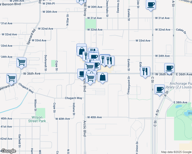 map of restaurants, bars, coffee shops, grocery stores, and more near 712 West 36th Avenue in Anchorage