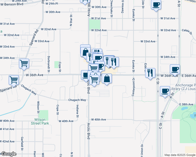 map of restaurants, bars, coffee shops, grocery stores, and more near 712 West 36th Avenue in Anchorage