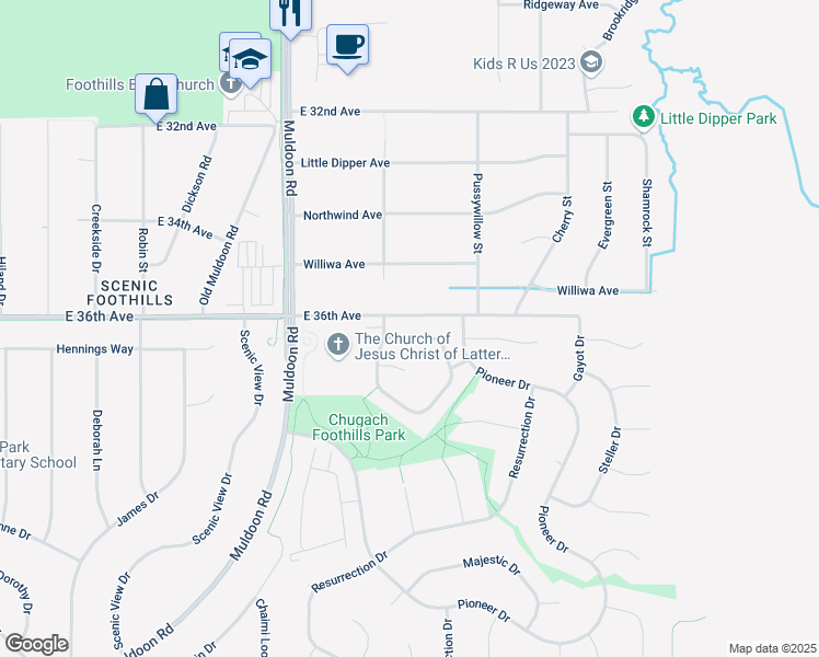 map of restaurants, bars, coffee shops, grocery stores, and more near 4036 Sycamore Loop in Anchorage