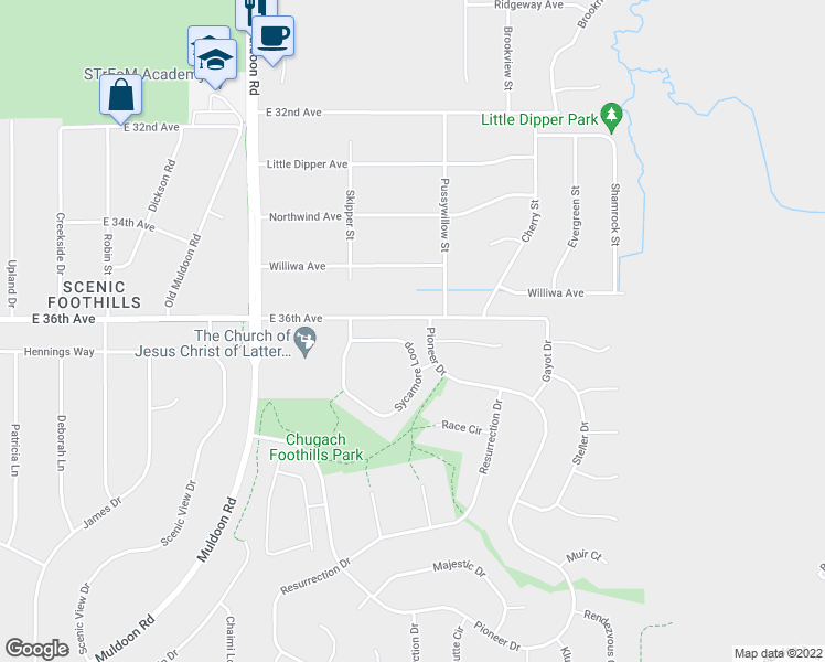 map of restaurants, bars, coffee shops, grocery stores, and more near 3946 Sycamore Loop in Anchorage