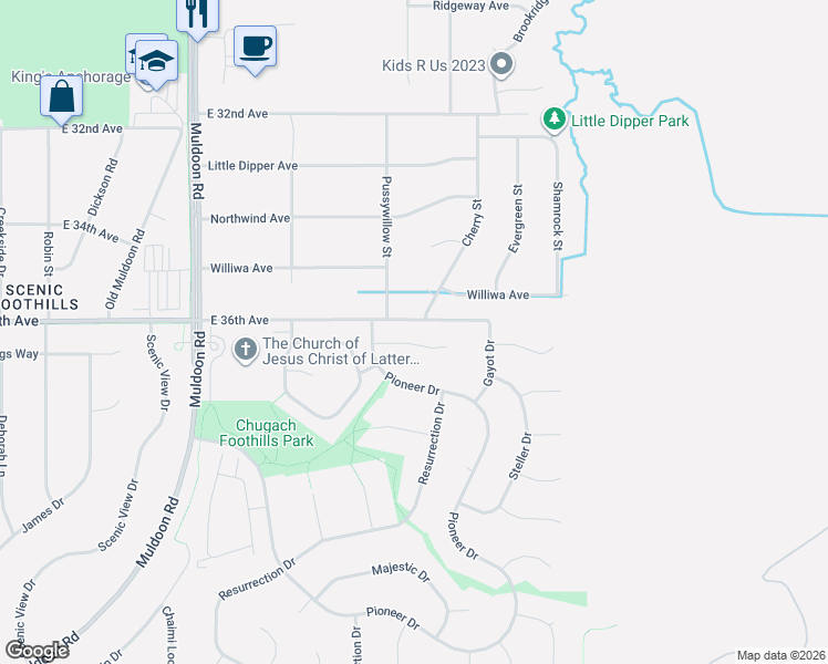 map of restaurants, bars, coffee shops, grocery stores, and more near 8303 East 36th Avenue in Anchorage