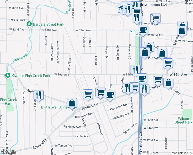 map of restaurants, bars, coffee shops, grocery stores, and more near 2000 W 36th Ave in Anchorage