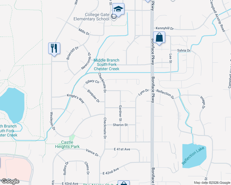 map of restaurants, bars, coffee shops, grocery stores, and more near 5200 Leslie Street in Anchorage
