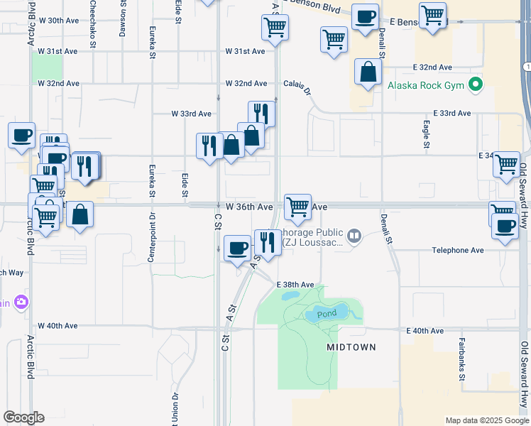 map of restaurants, bars, coffee shops, grocery stores, and more near 3601 C Street in Anchorage