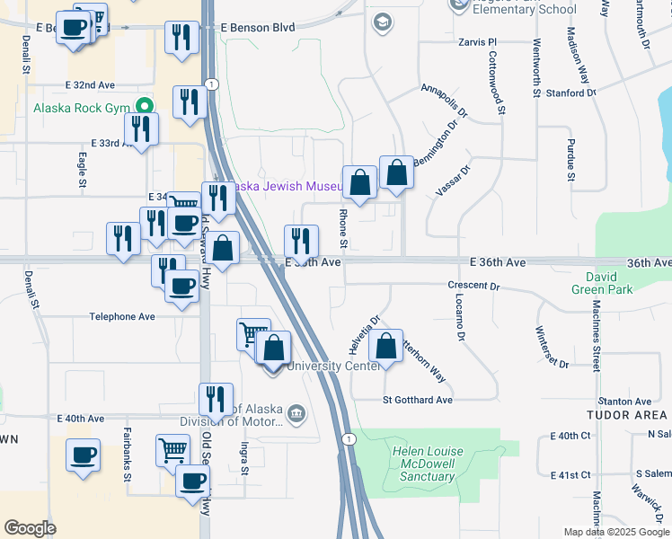 map of restaurants, bars, coffee shops, grocery stores, and more near 3606 Rhone Circle in Anchorage