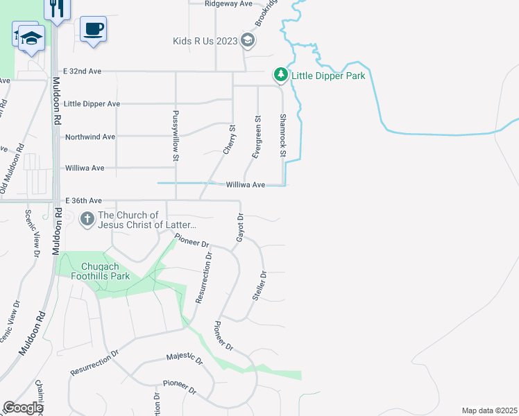 map of restaurants, bars, coffee shops, grocery stores, and more near 8621 Augusta Circle in Anchorage