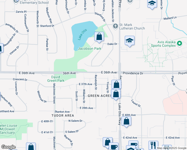 map of restaurants, bars, coffee shops, grocery stores, and more near 3600 Randolph Street in Anchorage