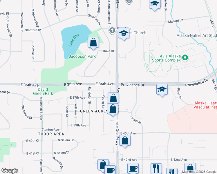 map of restaurants, bars, coffee shops, grocery stores, and more near 2216 E 36th Ave in Anchorage