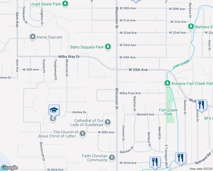 map of restaurants, bars, coffee shops, grocery stores, and more near 3225 Wiley Post Loop in Anchorage